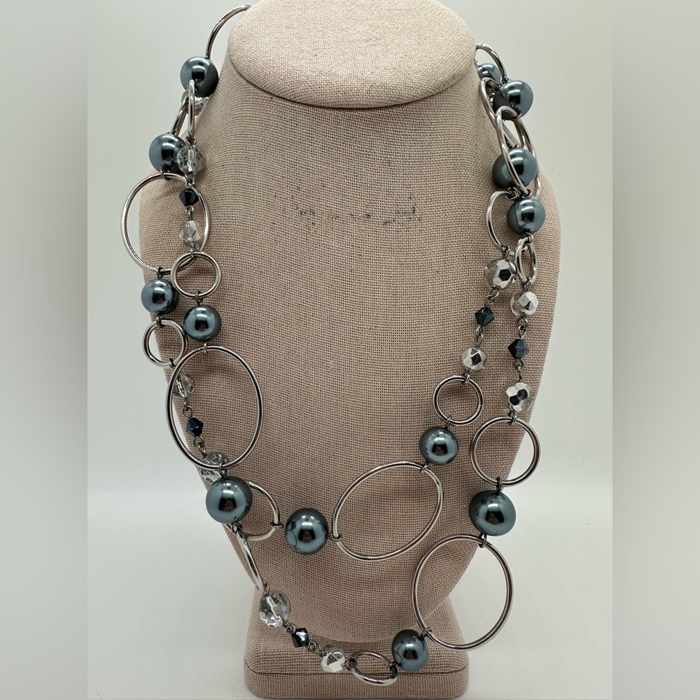 Lia Sophia silver tone and grey faux pearl extra long necklace